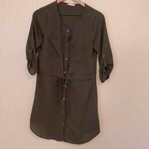 jella c. Army Green Semi Sheer Roll Tab Sleeve Shirt Dress Small Style FT49077